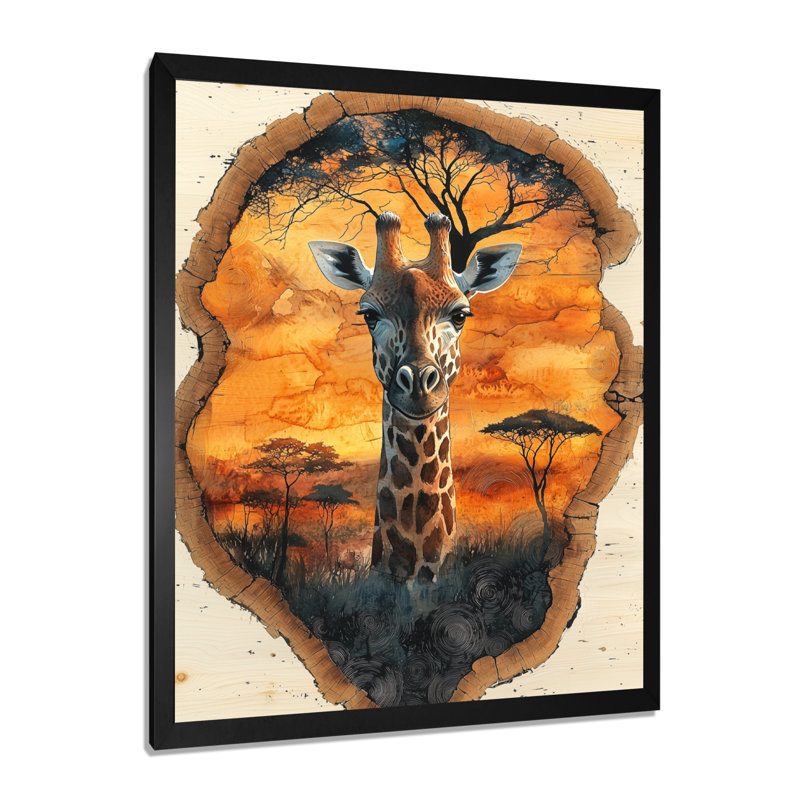 Portrait de girafe silencieux dans un paysage africain I - animaux, art mural, H 32 po x l 24 po, Picture Framed