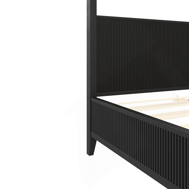 Grand lit plateforme à baldaquin en bois avec lattes de support, Black, Queen