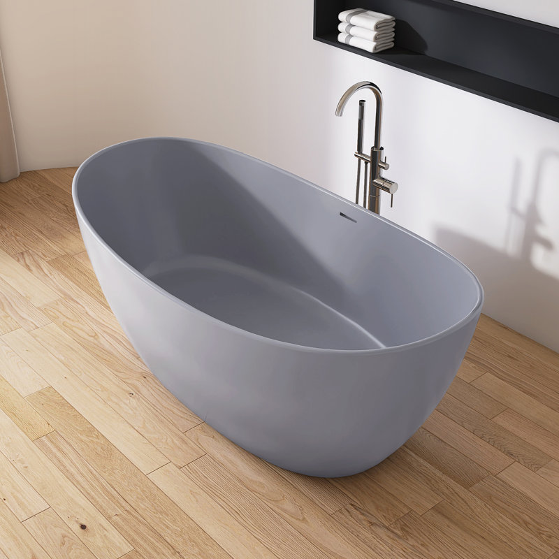 65" x 34" Freestanding Tub Solid Surface Stone Resin Soaking Bathtub, Ligh Gray