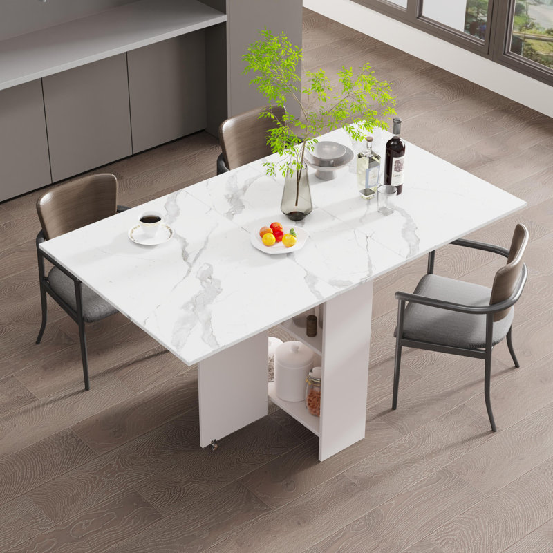 Grande table de salle à manger pliante 55 po sur roulettes verrouillables avec rangement (blanc)