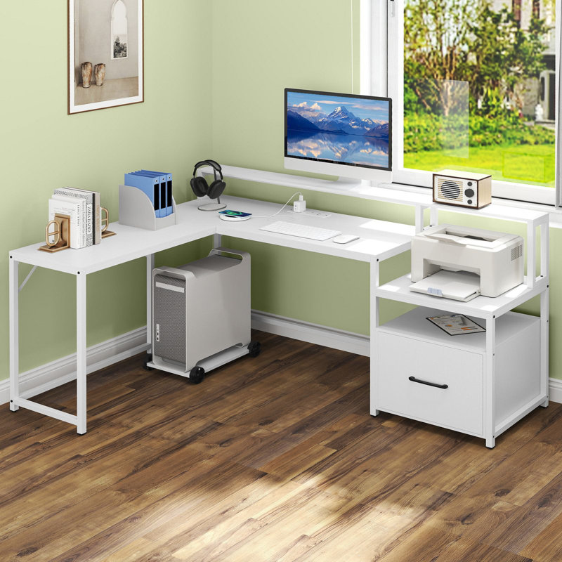 L-Shaped Metal Base Computer Desk with Power Outlet