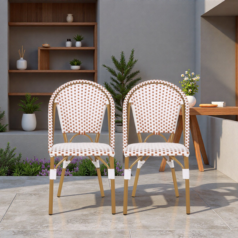 Chaises de bistro françaises d'extérieur en ratine de rat et en aluminium avec finition tissée durable, ensemble de 2