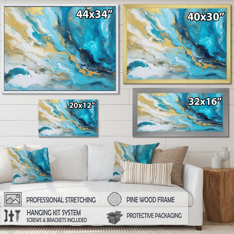 Turquoise Gold Infused Marble III On Canvas Print, 30" H x 40" W x 1.5" D, Gold Single Picture Framed