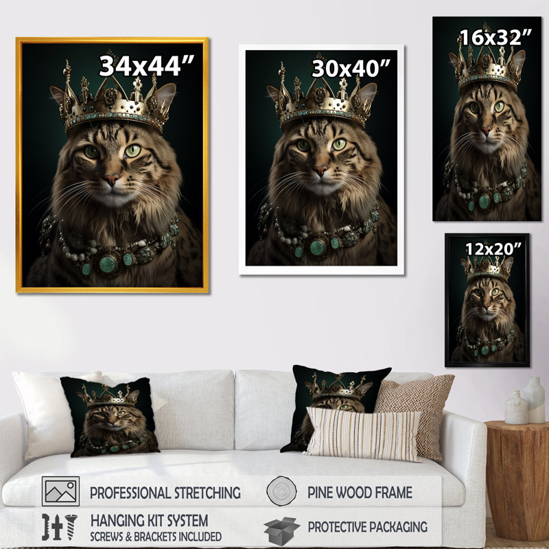 Royal Cat Crown Portrait I - art mural chat, Toile tendue, H 44 po x l 34 po x P 1,5 po
