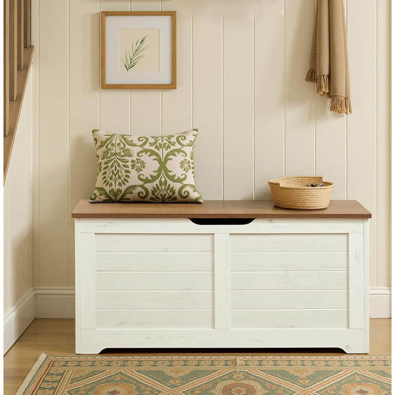 Wood Storage Bench, Rustic White/Honey Brown