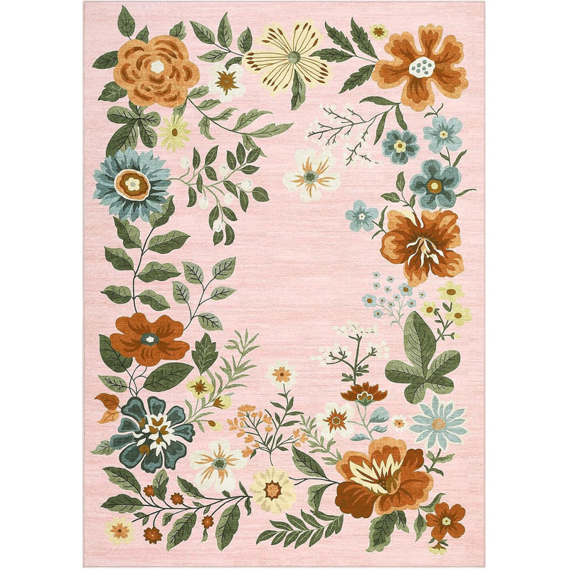 4x6 Floral Washable Area Rug, Non-Slip Non-Shedding Living Room Rug, Low Pile Stain-Resistant Throw Carpet, Foldable Printed Soft Carpet