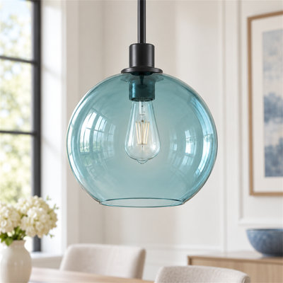 1-Light 11.02" Round Dual Hole Blue Glass Chandelier for Kitchen Island Dining Room