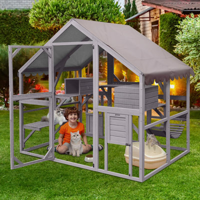 74"L Cat Houses Catio Outdoor Cat Enclosure For 5-6 Cats,kitty House With Resting Box,bridges,walks,waterproof Tarp Roof