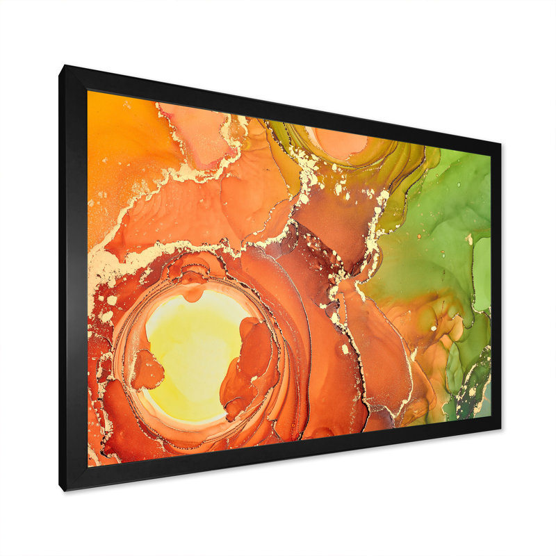 «Brown and Green Luxury Abstract Fluid Art», peinture sur toile, H 24 po x l 32 po, Cadre d'angle fermé noir