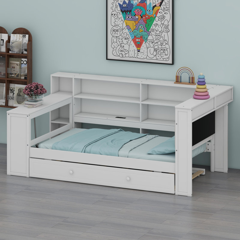Lit plateforme moderne avec bureau intégré, station de charge et éclairage DEL, White+Beige Cushion