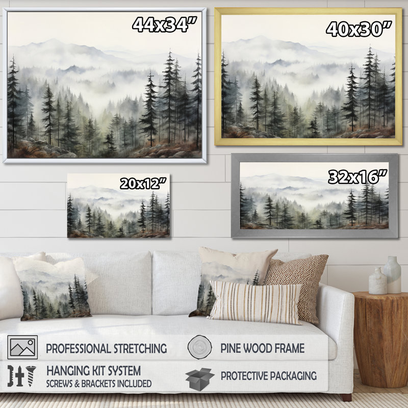 «Pine Misty Mountain II» sur toile, H 34 po x l 44 po, Reproduction avec cadre flottant, Or