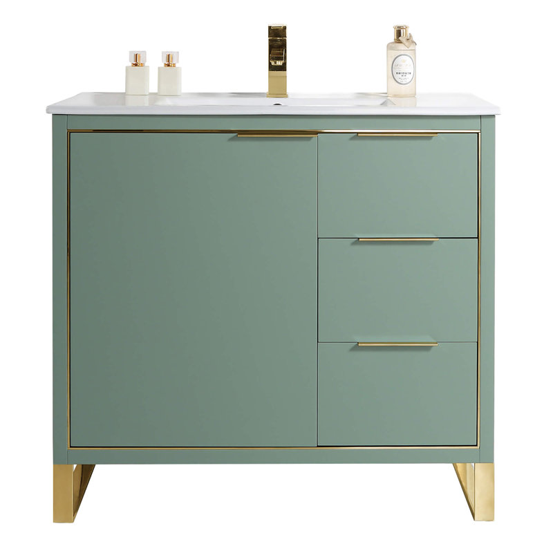 36" Single Bathroom Vanity Set, Satin Brass, Mint Green