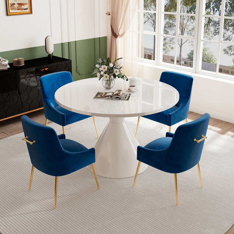 Magallanes 4 - Person Round Table Dining Set with Velvet Dining Chairs, White, Navy