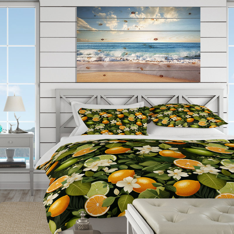 Literie citronnée zeste à motif tropical I, Housse de couette pour très grand lit et 2 très