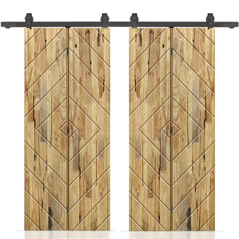 Porte de grange double pliante en bois de pin teinté avec quincaillerie coulissante, 40 po x 80 po, Chêne vieilli
