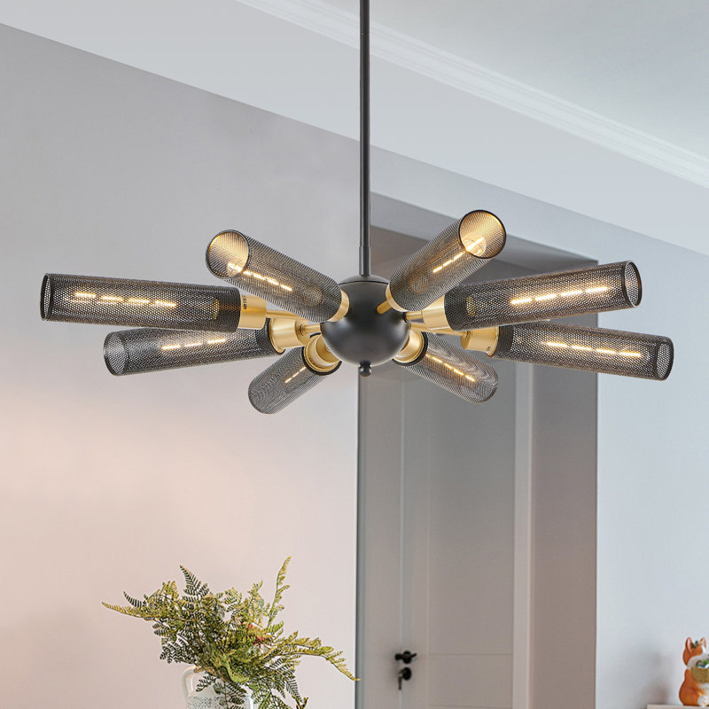 Lustre spoutnik industriel moderne de 34 po - luminaire suspendu en métal doré et noir à 8 lumières avec abat-jour en maille, base E26, hauteur réglable pour la salle à manger, le salon ou la cuisine (sans ampoule)