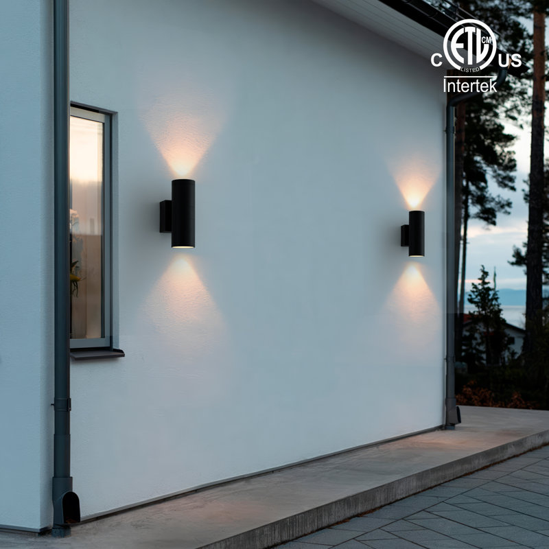 Modern 12" Aluminum Cylinder Wall Light with GFCI & Tempered Glass (2 Lights,Matte Black)