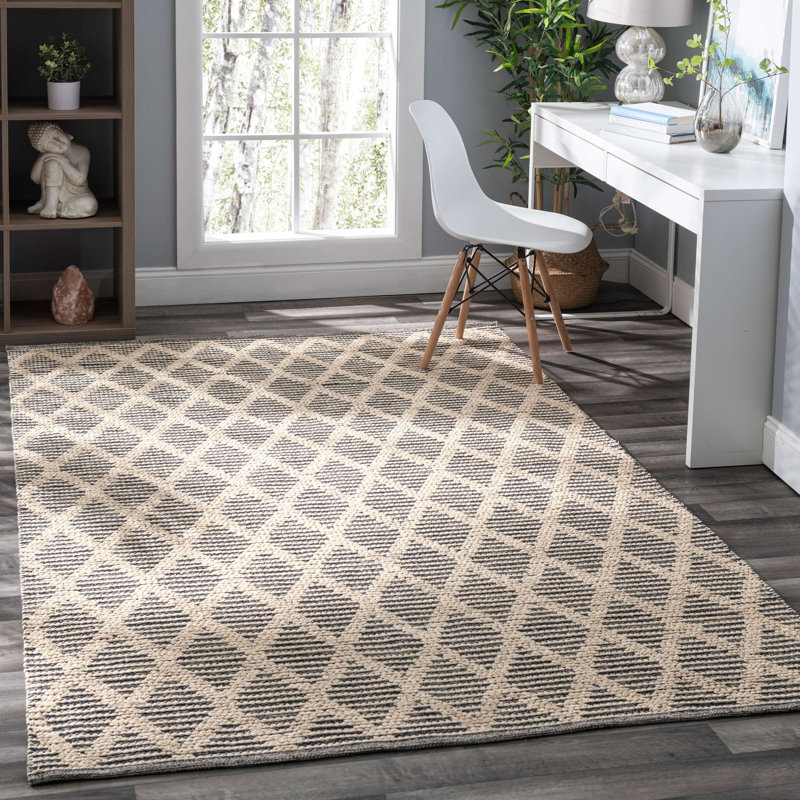 Tapis texturé bleu / ivoire en coton tissé à la main, Rectangle 6 pi x 9 pi