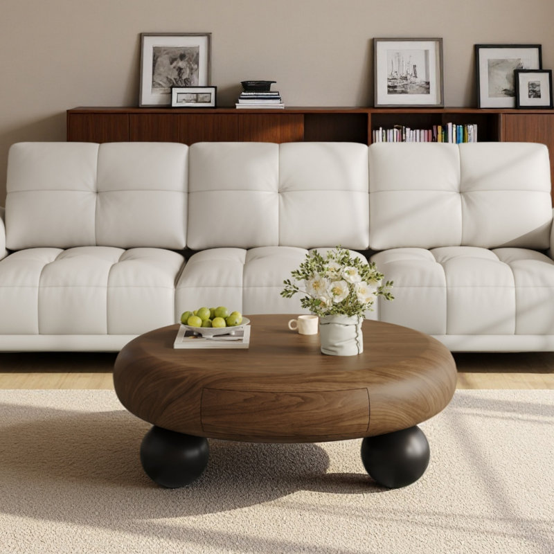 Table basse ronde moderne en noyer de 11,8 po avec tiroir de rangement caché et pieds sphériques noirs