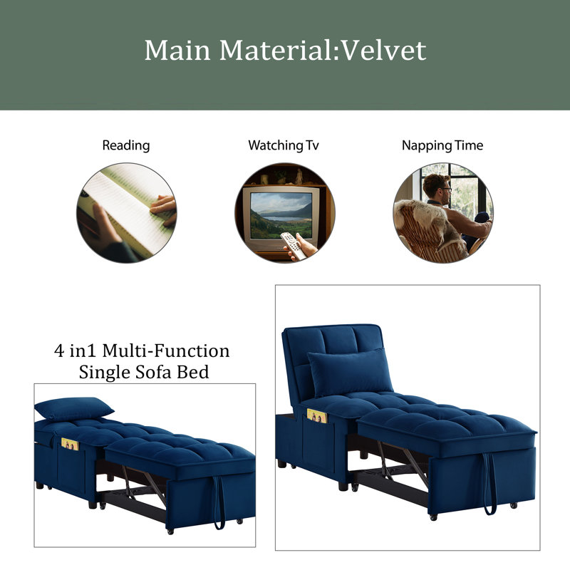 4 In1 Multi-Function Single Sofa Bed With Storage Pockets,Tufted Single Pull-Out Sofa Bed With Adjustable Backrest And Pillows ,Convertible Chaise Lounge