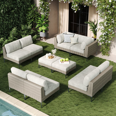  10-piece Wicker Rattan Patio Furniture Set, Deep Seating Outdoor Modular Sectional Sofa Conversation Set With Thick Cushions For Lawn, Garden
