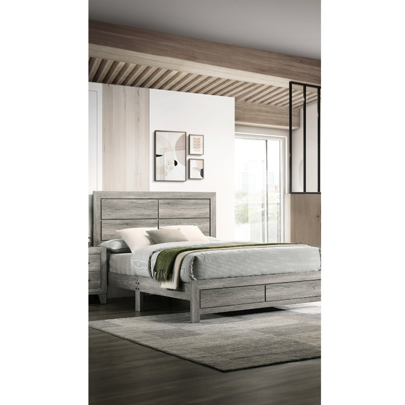 Lit plateforme contemporain gris, lit double avec grain de bois rustique, assemblage simple, conception facile à entretenir, aucun sommier requis, assemblage