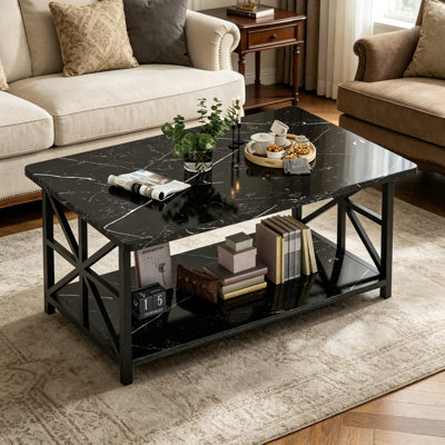 Rectangular Open-Shelf Coffee Table with X-Shaped Metal Frame, 2-Tier Farmhouse-Style Living Room Center Table, Industrial-Style Wooden-Top Sofa Table
