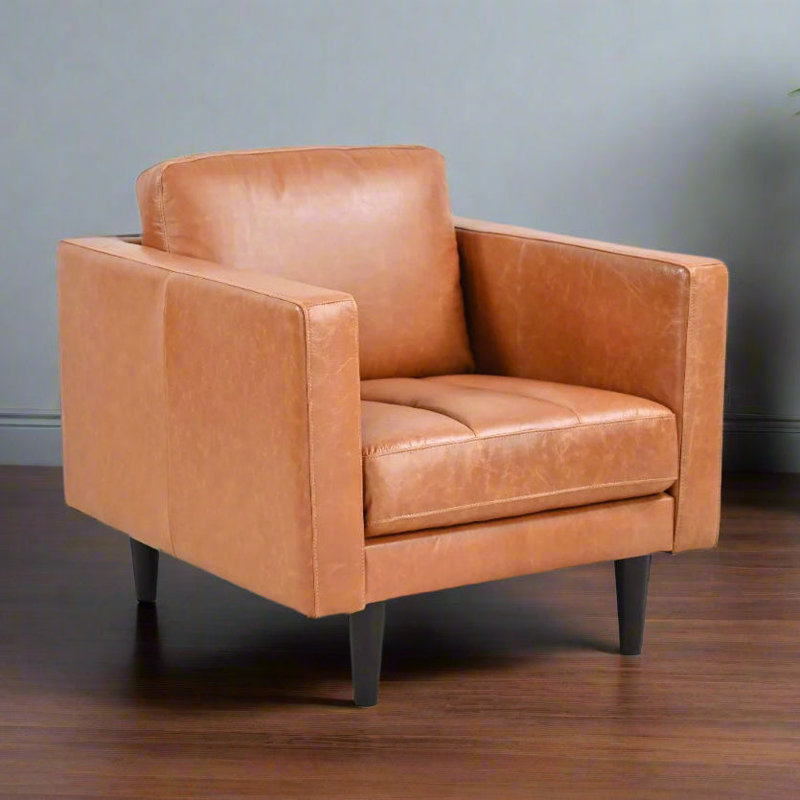 Chaise avec accoudoirs en cuir Philippe, Cuir véritable brun clair