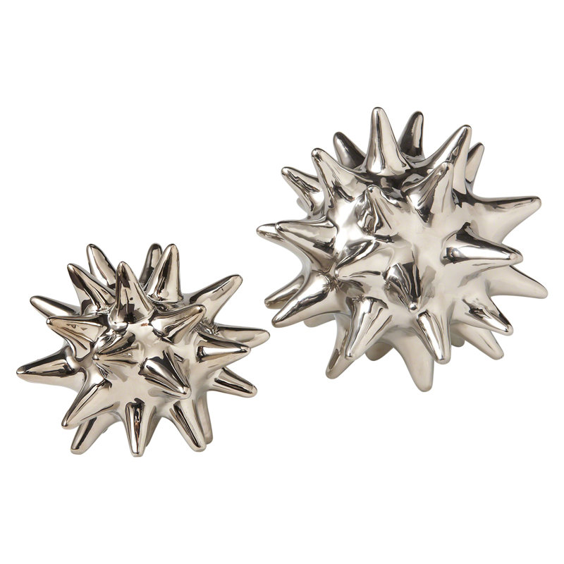 Urchin Shiny Silver Object, 7" H x 7" W x 7" D