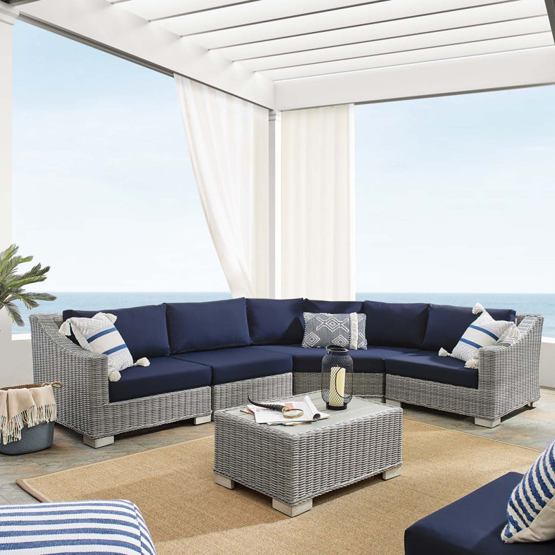 Ensemble de canapé modulaire d'extérieur en rotin 5 pièces Conway Sunbrella, Sunbrella® bleu marine