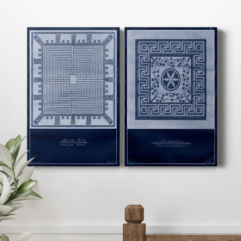 Indigo Tile I - ensemble de 2 reproductions d'art sur toiles, Toile tendue, H 18 po x l 24 po x P 1 po