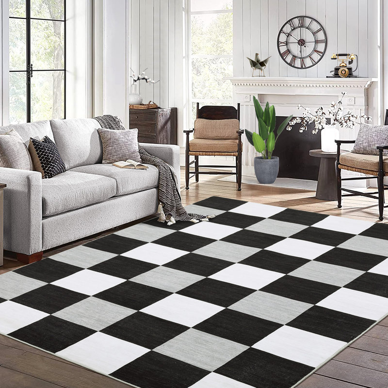 Checkered Plaid Living Room Rugs 8x10 Large Geometric Accent Rugs with Non-Slip Backing, Foldable Thin Floor Carpet, Non-Shedding Modern Indoor Mat for Dining Room, Black