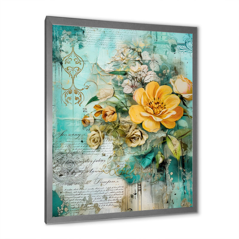 «Blossoming Yellow Rose On», art rétro, Cadre photo argenté, H 44 po x l 34 po x P 1,5 po