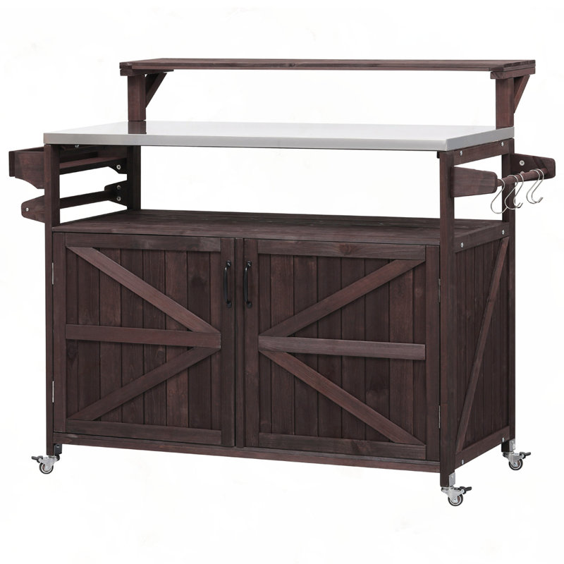 Outdoor Rolling Grill Cart with Internal Storage Rack, Brown