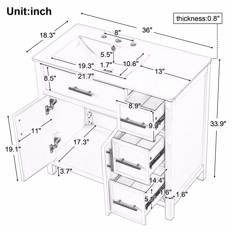Meuble-lavabo simple 36 po avec plateau en céramique Sayaka