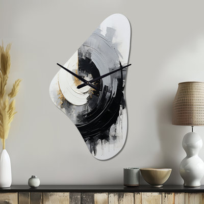 Shaelene Black And White Zen Spiral II - Abstract Spirals Asymmetrical Metal Wall Clock, Modern Unique Shape Wall Clock Print