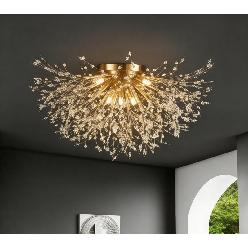 Dandelion 8-Light Sputnik Starburst Ceiling Light Crystal Flush Mount, Gold