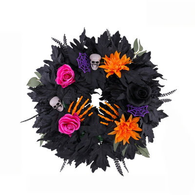 Couronne de porte d'entrée 19,69 pouces, couronne de feuillage artificiel noir avec crâne, main de squelette, toile d'araignée mauve et roses colorées, couronne gothique effrayante pour décoration murale d'Halloween