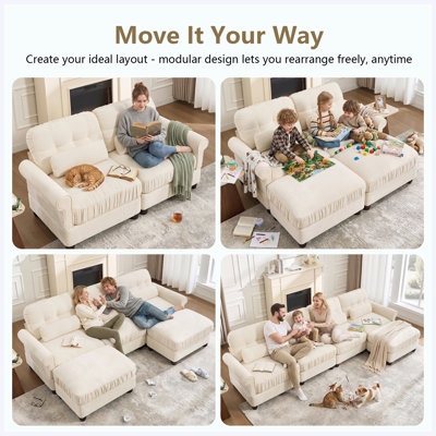 Canapé 2 places en chenille beige, bord volanté, accoudoirs arrondis et coussins lombaires.