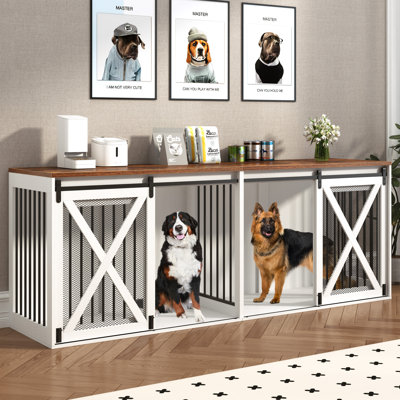 94.5” Extra Large Dog Crate Furniture, Farmhouse Dog Kennel TV Stand With Sliding Door And Removable Divider