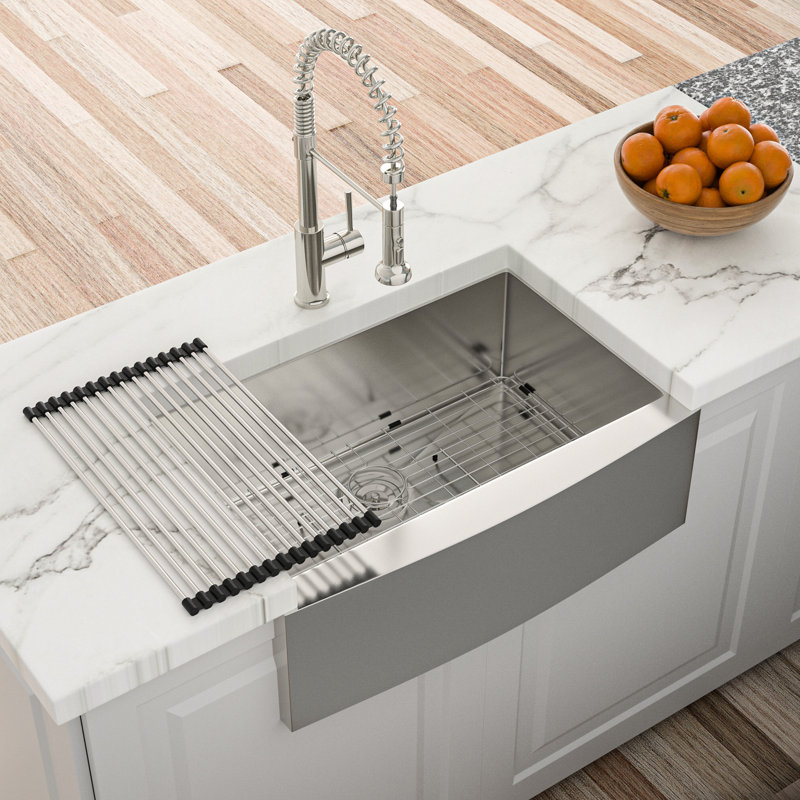 24 Inch Deep 16 Gauge T304 Stainless Steel Apron Front Kitchen Sink, X - Shaped Water Guide For Smooth Drainage, R10 Rounded Corner, Coating To Condensation, 3Mm Pad, Package With Drain Assembly And