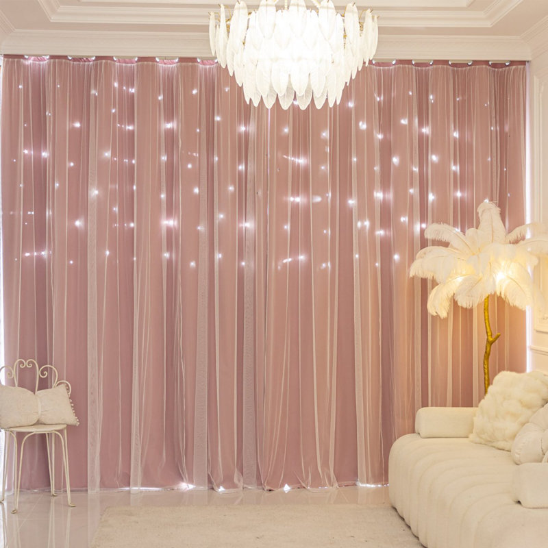 Simple lace with a star pattern; double layer curtains for the day, 52" W x 72" L, Pink