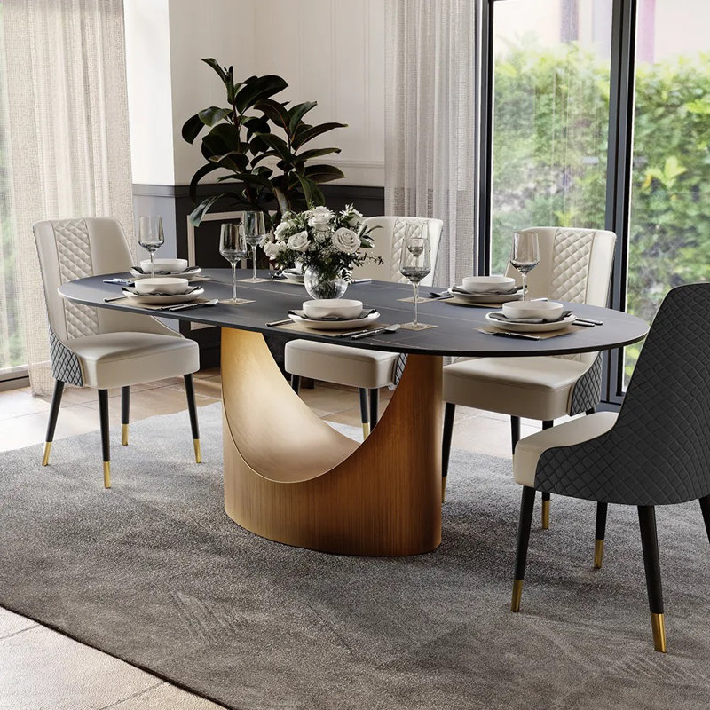 Table de salle à manger moderne minimaliste ovale avec plateau de table en pierre frittée, Noir mat