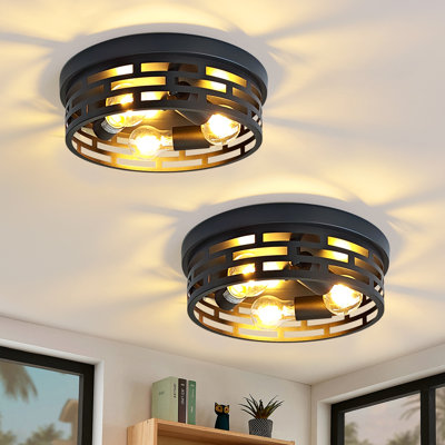 3-Light Industrial Flush Mount Ceiling Light, Black Metal Cage Drum Fixture, E26 Base, Modern Farmhouse Close To Ceiling Lighting For Hallway, Bedroom, Kitchen