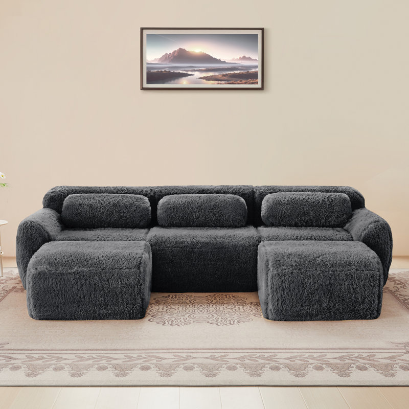 Canapé à compression, canapé en forme de U, pour le salon, Fausse fourrure grise foncée, H 28,7 po x l 114,7 po x P 70,4 po
