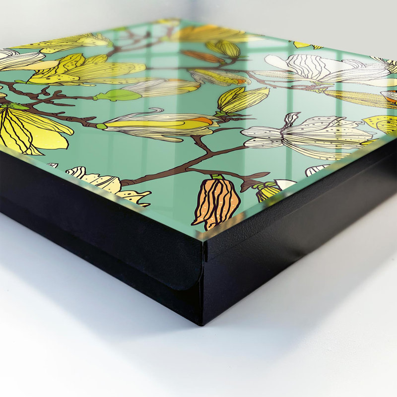 Wall mounted key box, Opens to the right, 30x30x5, Black, Yellow magnolias on a green background, 