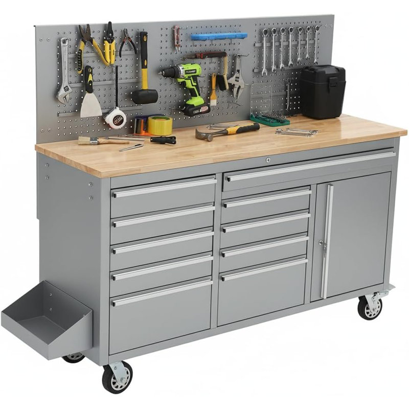 61 Inch Rolling Tool Chest, Heavy Duty Mobile Workbench with Charging Station, 10 Drawers, Pegboard, Rubber Wood Tabletop & Four Wheels, Tool Cabinet for Garage, Workshop