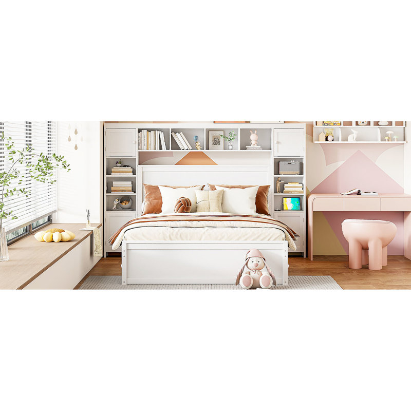 Grand lit avec amplement d'espace de rangement et prises de courant encastrées - 4 tablettes de rangement intégrées, Blanc