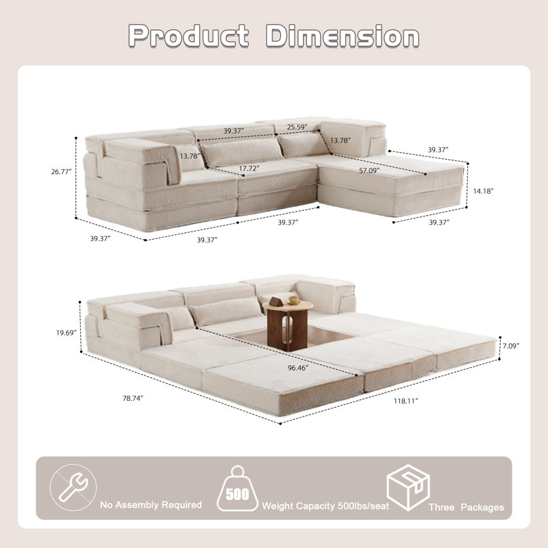 Canapé à compression Mahjong, canapé-lit convertible au sol, canapé modulaire modulaire désossé DIY, aucun assemblage requis, tissu polaire circulaire, surdimensionné à 4 places avec 3 coussins, blanc