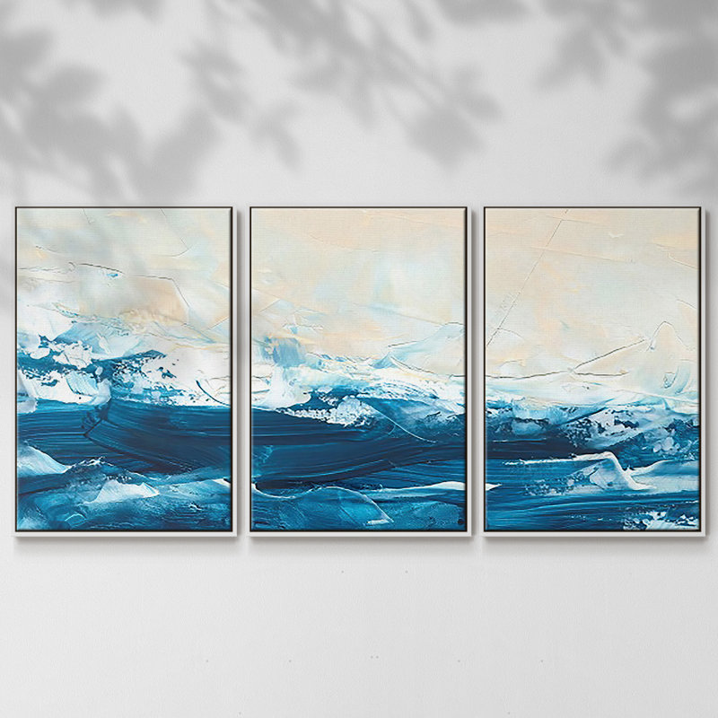 «Wave After Wave III», reproduction sur toile 3 pièces, H 36 po x l 75 po x P 2 po, Blanc